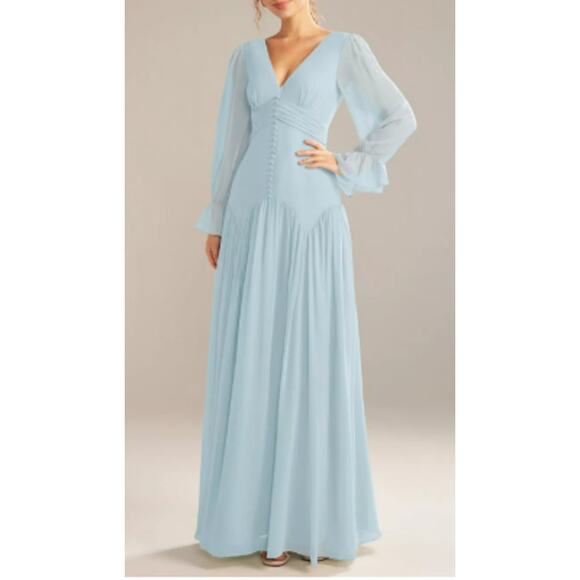 AW BRIDAL 10 L Skylight blue Alma Long Sleeve Formal Bridesmaid Maxi Dress B147 - Picture 1 of 5